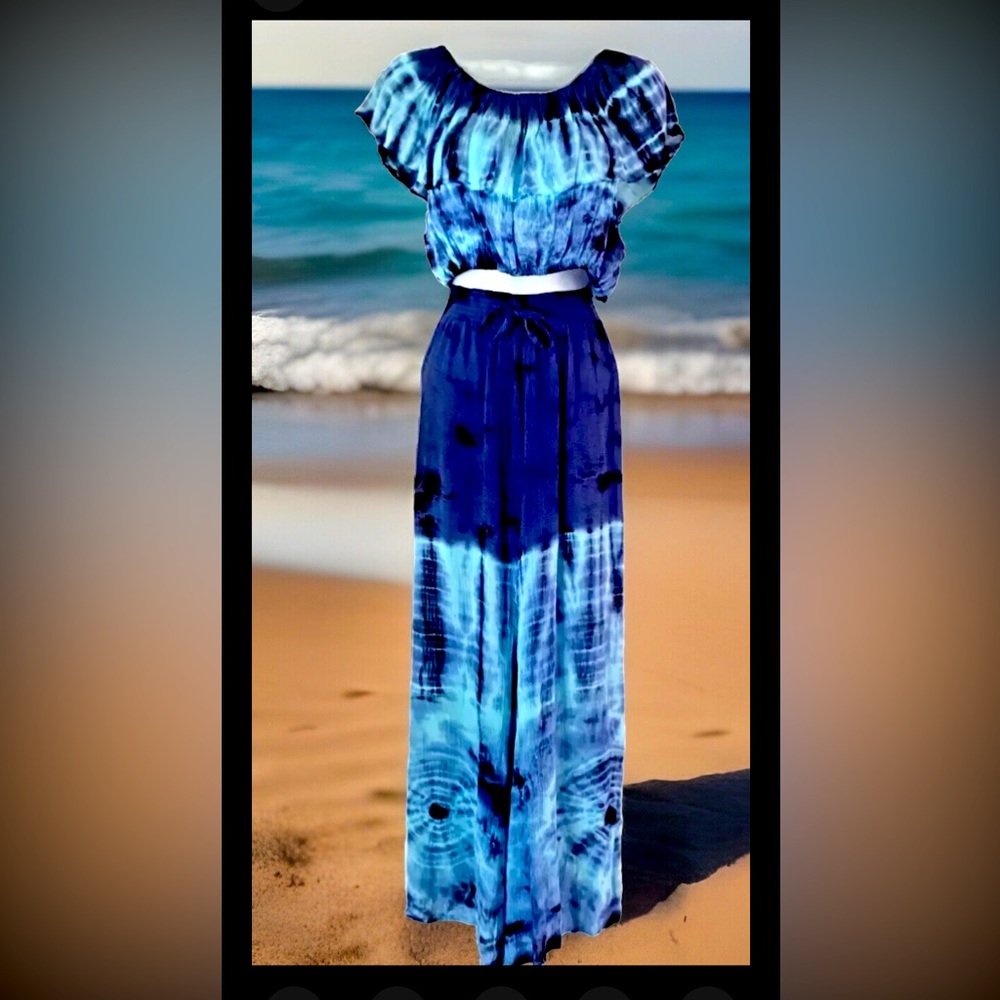 💦ADVANCE💦TIE-DYE 2-PC RUFFLE TOP & WIDE LEG BEACH PANTS W/ SIDE SLITS NWT🏝